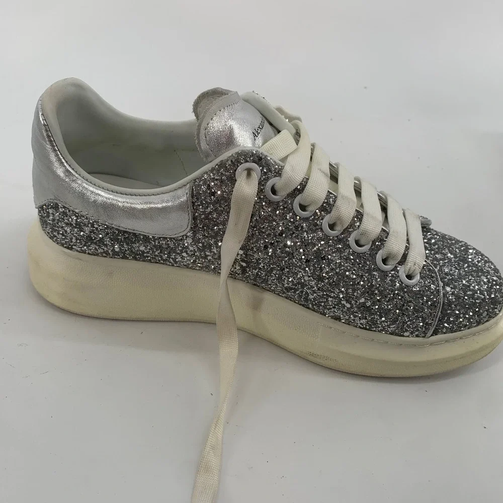 Alexander McQueen Womans 10 Oversized Silver Glitter Platform Sneakers 40